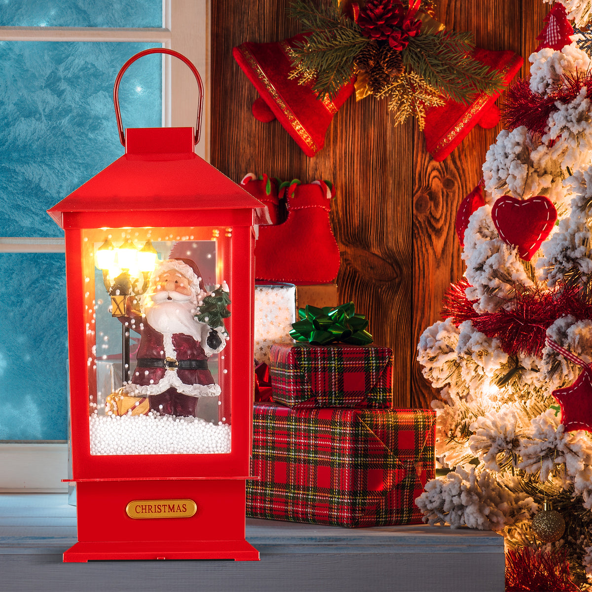 Christmas Musical Street Lamp Post with Detachable Snow Globe Lantern - 61 Inch Red