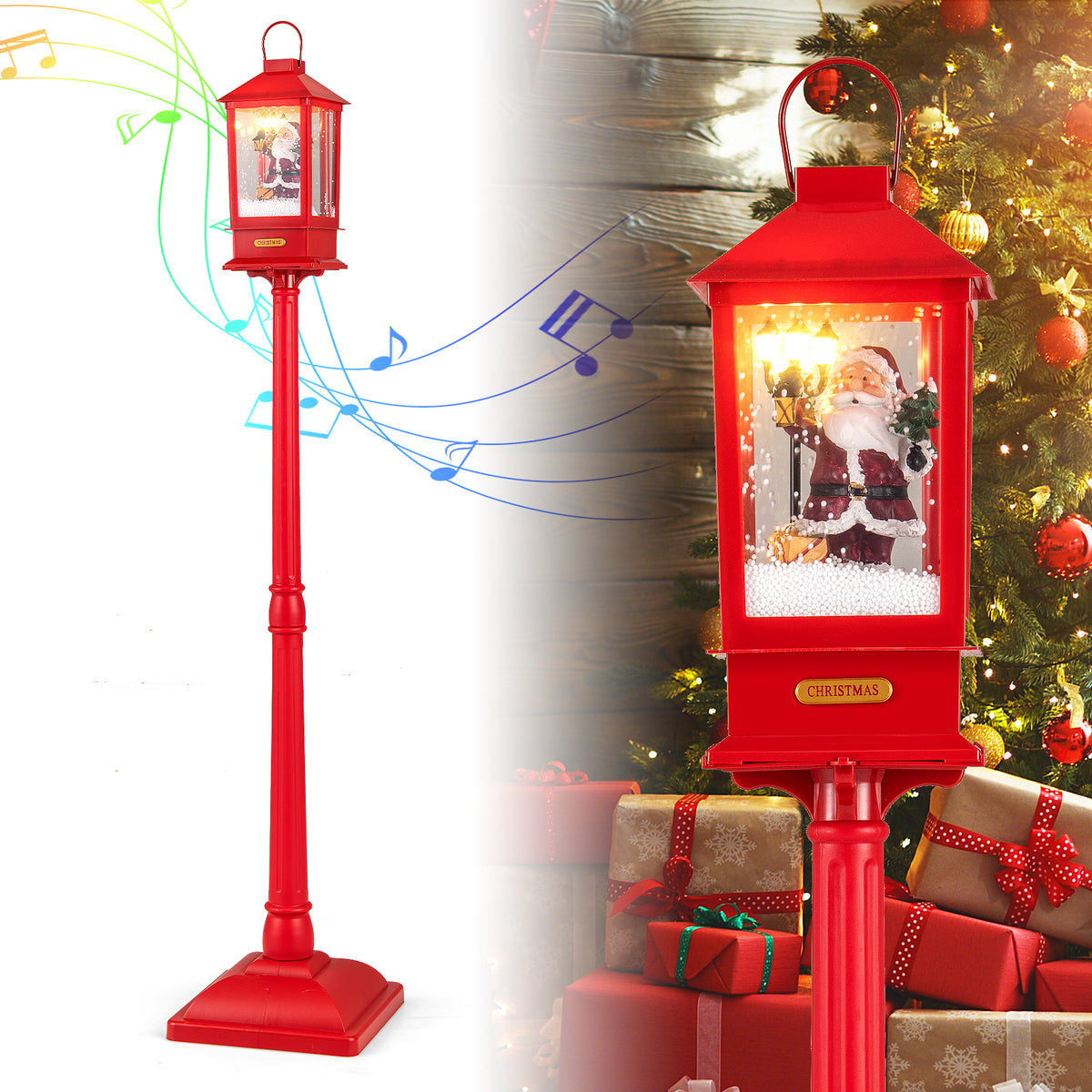 Christmas Musical Street Lamp Post with Detachable Snow Globe Lantern - 61 Inch Red