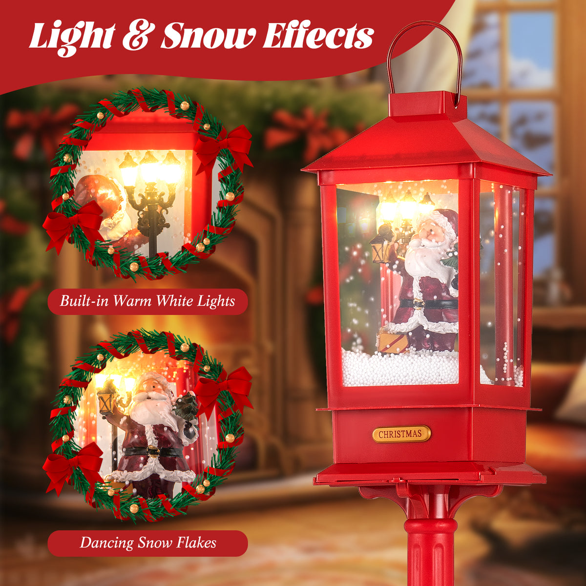 Christmas Musical Street Lamp Post with Detachable Snow Globe Lantern - 61 Inch Red