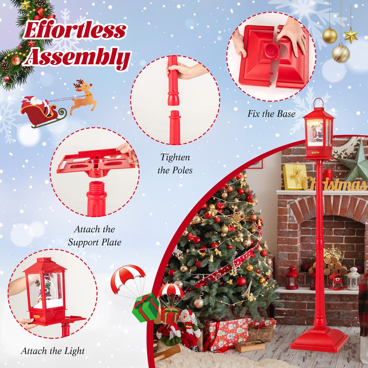 Christmas Musical Street Lamp Post with Detachable Snow Globe Lantern - 61 Inch Red