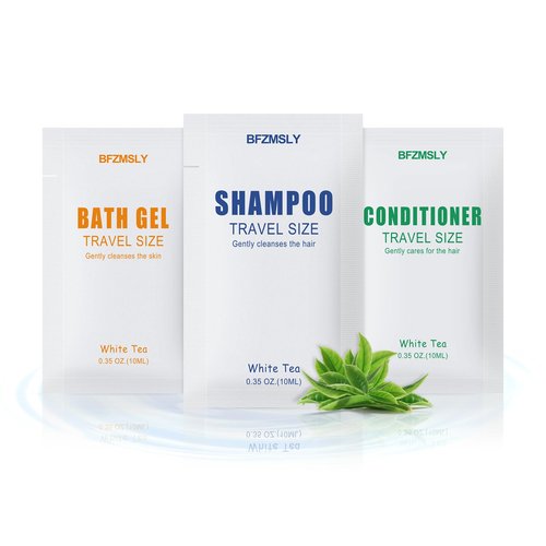 100 Set Travel Size Toiletries Set, Shampoo, Body Wash, Conditioner (0.35oz Each, 3-in-1 Toiletry Kits, White Tea Scent) – Bulk Hotel Amenities for Guests, Airbnb, Motels, Vacation Rentals