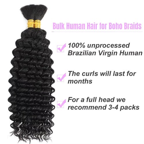 Human Braiding Hair for Boho Braids 20 inch Deep Wave Bulk Human Hair 100% Unprocessed Brazilian Virgin Hair for Bohemian Knotless Curly Braids No Weft 110g Natural Color