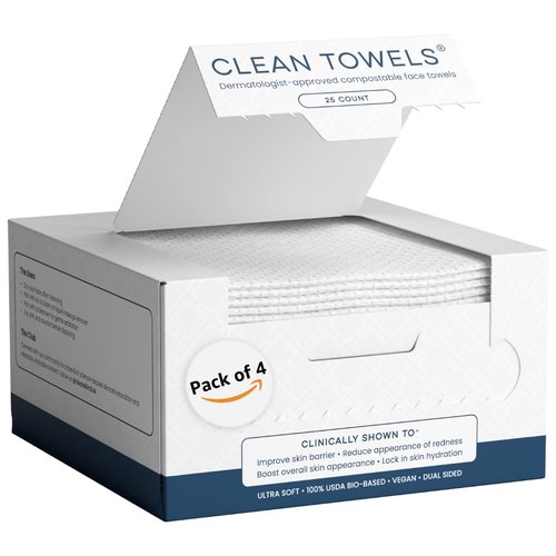 Clean Skin Club Clean Towels®, 100% USDA Biobased Face Towel, Disposable Face Towelette, Eczema Association Accepted, Makeup Remover Dry Wipes, Ultra Soft, 25 ct per pack, 4 Packs, 100 Ct Total