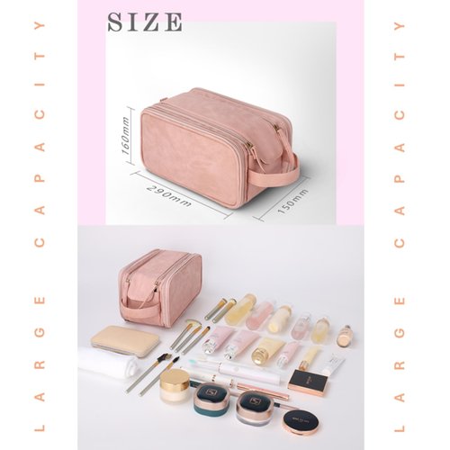 LANTIM Makeup Travel Bag Cosmetic Bag, Toiletry Bag for Women Large Capacity PU Leather Make Up Organizer Dorm Room Essentials (Pink)