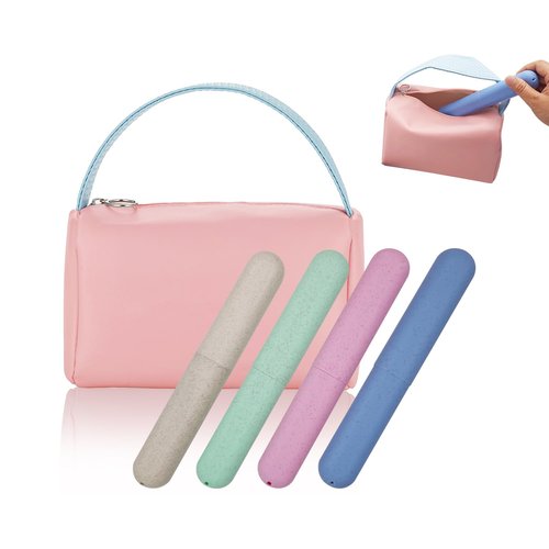 FEHNAG 4 Pack Portable Toothbrush Cases, Breathable Plastic Holders and Leather Travel Toiletry Bags, Organizers for Home, Business, Camping（pink）