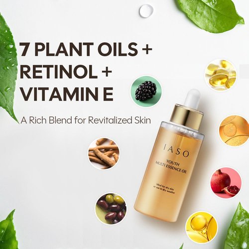 IASO Youth Multi Essence Oil | Korean Face & Body Oil with Retinol, Jojoba, Rosehip & Squalane | Lightweight Hydration & Radiance Boost for All Skin Types, 1 oz