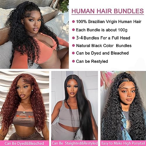 Deep Wave Bundles Human Hair 10A Brazilian Virgin Human Hair Bundles 100% Unprocessed 10 12 14 Inch Water Wave Bundles Double Weft Deep Curly Weave 3 Bundles Natural Color