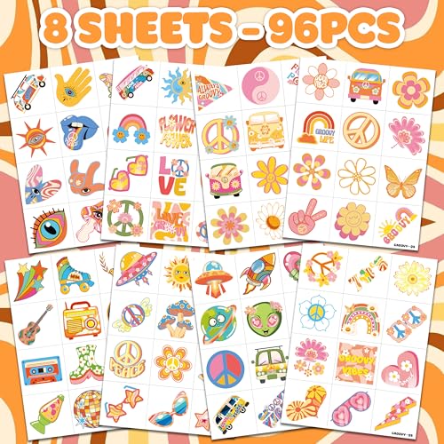 96 PCS Two Groovy Retro 60s 70s Pre-Cut Temporary Tattoos for Kids | Super Cute Themed Birthday Party Favors, Supplies, Decorations, Fake Tattoo Stickers (Multiple)