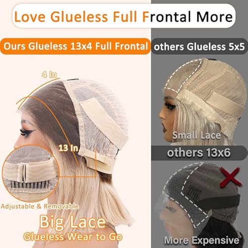Glueless Full Frontal Platinum Blonde Bob Wig Human Hair Pre Plucked Pre Cut White Blonde Wig Ash Silver Short 13x4 UHD 613 Lace Front Wigs Human Hair for Women Real Hair Daily Party 12Inch 180%