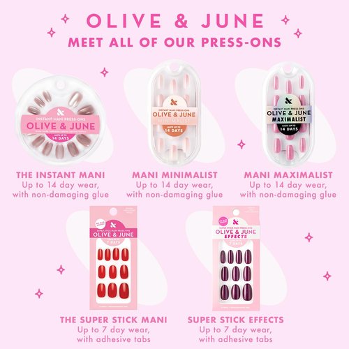 Olive & June Glue Press On Bestsellers Kit | Includes 4 Fake Nail Sets (HD Crisp White, Classic French, Shimmery Super Star, BP Icy Blue) | Realistic Look, Non-Damaging Glue, Up to 14-Day Wear