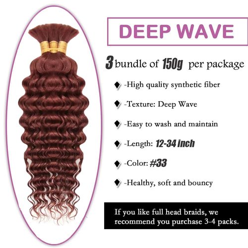 Reddish Brown Braiding Hair Deep Wave Bulk Brown Human Braiding Hair 12 12 12 Inch Deep Curly Color 33 Boho Human Hair for Braiding Hair Extensions
