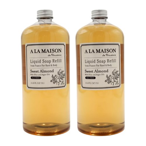 A LA MAISON Sweet Almond Natural Hand Wash Made with Essential Oils - Biodegradable, Plant-Based, Vegan, Cruelty-Free (33.8 Fl Oz Refill, 2 Pack)