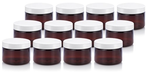 (12 pack) 3 oz Amber PET Plastic Refillable Jar with White Lid