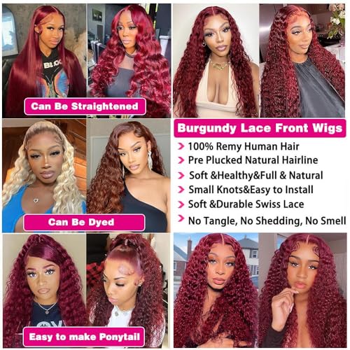 26 Inch 99J Burgundy Deep Wave 13x6 Lace Front Wigs Human Hair 200% Density Lace Frontal Wigs Human Hair Pre Plucked 99j Burgundy Deep Curly Wave HD Lace Front Wigs for Women (26Inch)