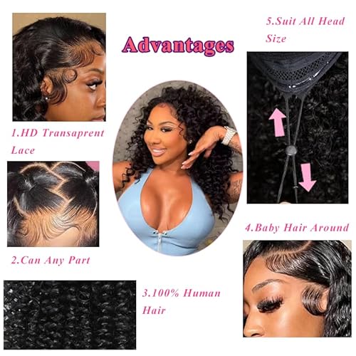 BVH Deep Wave Lace Front Wigs Human Hair Pre Plucked 13x6 HD Transparent Lace Frontal Wigs Human Hair 200% Density (Black, 26IN)