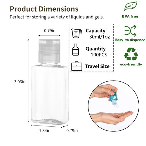 100PCS Plastic 1oz Travel Bottles, Mini Clear Travel Shampoo Bottles with Flip Cap, Small Empty Hand Sanitizer Bottle Refillable Cosmetic Containers, Portable 1oz Bottle for Body Lotion Soap Liquid