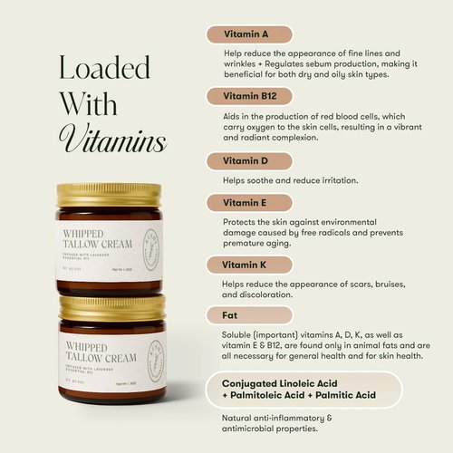 KUSHI Grass-Fed Whipped Tallow Cream Moisturizer for Face & Body – Organic Lavender – Vitamins A, D, E, K – Paraben & Sulfate Free, All-Natural Skin Care – 1.3oz