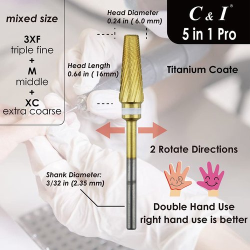 C & I 5 in 1 Nail Drill Bit, Mixed Sizes Edition, Cross Teeth, 2 Way, Professional Multi-function Nail Drills for Electric Manicure Drill Machine, Shank 3/32” (Pro)