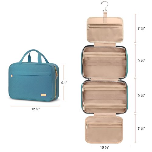 LUCKRISE Hanging Travel Toiletry Bag, Large Capacity Cosmetic Toiletry Organizer for Full-sized Bottles with 4 Compartments and Sturdy Hook for Travel/Daily Use/Business, Teal