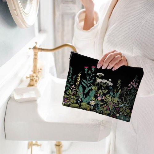 Givotin Small Makeup Bag for Purse Cute Canvas Waterproof Cosmetic Bags for Women Zipper Travel Toiletry Pouch-Wildflowers Makeup Bags