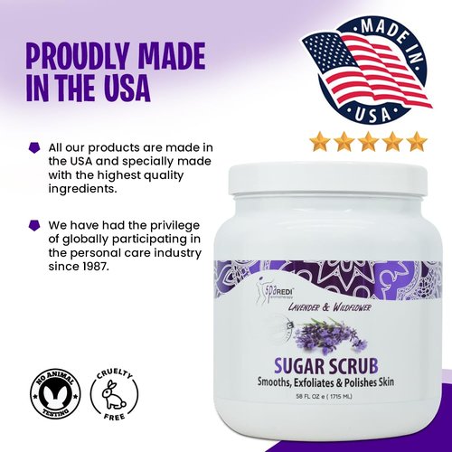 SPA REDI Sugar Scrub - Exfoliating, Moisturizing, Hydrating and Nourishing, Glow, Polish, Smooth and Fresh Skin - Body Exfoliator, Lavender & Wildflower - 58 Ounces