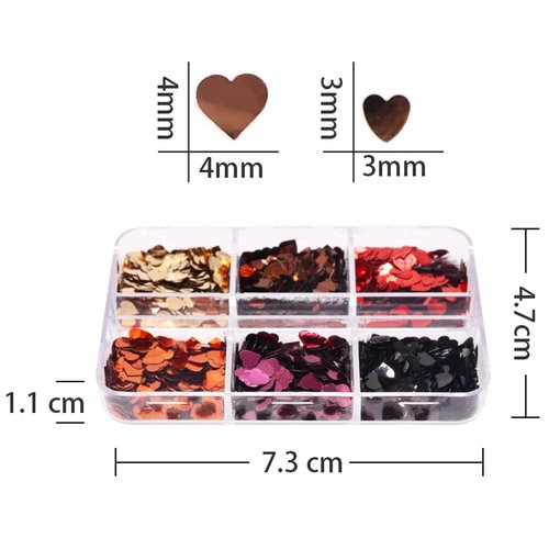 6 Grids 3D Heart Nail Glitter Sequins Valentine's Nail Art Stickers Love Nail Decals Holographic Laser Heart Nail Designs Red Black Rose Gold Heart Glitter for Acrylic Nails Decorations