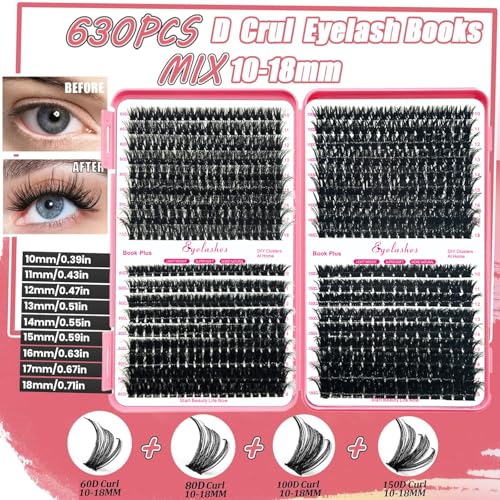 DIY Lash Extension Kit 630Pcs 10-18mm D Curl Lashes Clusters with Lash Bond and Seal Glue Remover Lash Shampoo Cleansing Brush Headband Wristband Tweezers Eyelash Brush Applicator