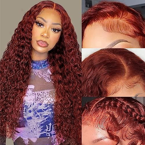Reddish Brown Deep Wave Lace Front Wigs Human Hair 33b Color 13x4 HD Lace Frontal Wig for Women 180% Density Glueless Copper Red Curly Wig Pre Plucked 26 Inch