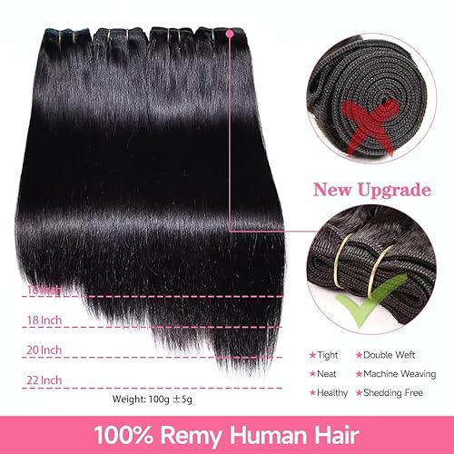 Straight Human Hair Bundles 16A 16 18 20 Inch 3 Bundles 100% Brazilian Unprocessed Virgin Hair Weave Raw Straight Bundles Human Hair Extensions Natural Black for Women