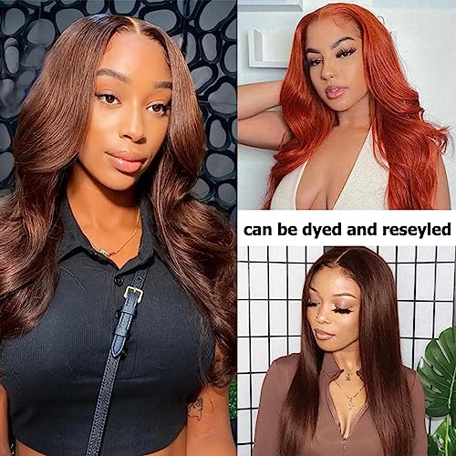 28 Inch 13x4 Lace Front Wigs Human Hair for Black Women Pre Plucked Chocolate Brown Glueless Body Wave Lace Frontal Wigs Human Hair with Baby Hair 180% Density