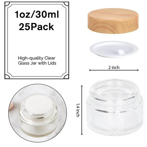 1oz Glass Jar with Lid, Hoa Kinh 25Pack Clear Round Containers Cosmetic with Inner Liners and Woodgrain Lids Travel Jars for Storing Lip and Body Scrub, Lotion, Body Butter, Bath Salts, Liquid