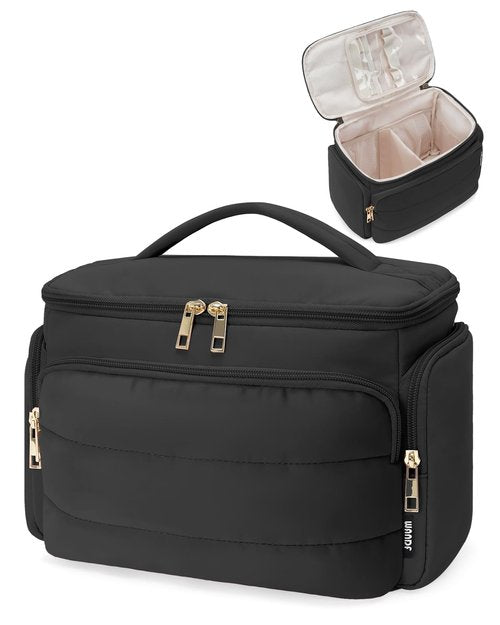 WANDF Travel Toiletry Bag for Women, Wide-open Large Makeup Bag with Handle, Puffy Makeup Organizer for Toiletries, Cosmetics, Accessories, Essentials (Black)
