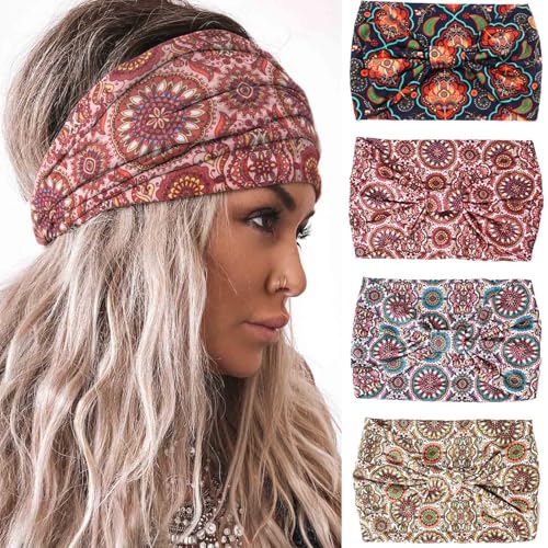Acenail Wide Headbands Women Boho Turban Knotted Headband Floral Elastic Non Slip Hairband Workout Yoga Head Scarfs Bohemian Headwraps Fashion Hair Accessories for Women 4Pcs (Stylish)