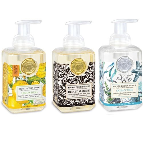 Michel Design Works Foaming Hand Soap Classic Favorites Trio 3 piece Bundle, 17.80-Fluid Ounce, Lemon Basil, Honey Almond & Ocean Tide- 3 Full Size Beautiful Square Containers with Pump