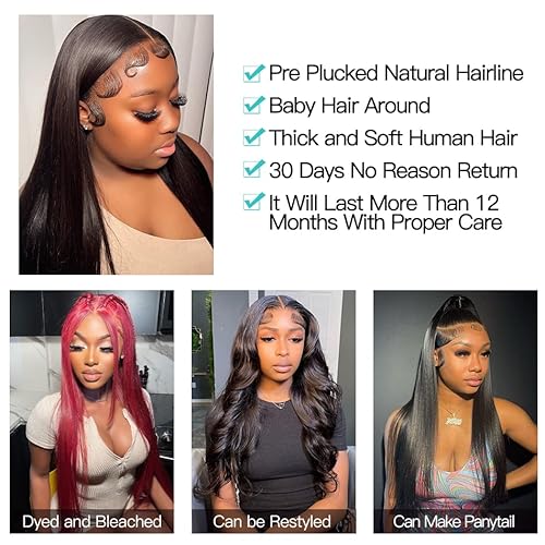 13x4 Straight Lace Front Wigs Human Hair Pre Plucked 180% Density 13x4 HD Transparent Frontal Wigs Human Hair Straight Wigs Human Hair Lace Front Wigs for Black Women with Baby Hair 22 Inch