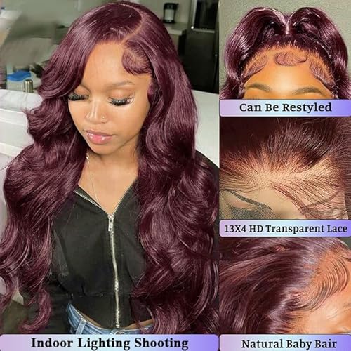 13x4 burgundy lace front wigs human hair Pre Plucked 180 Density HD Body Wave Lace Front Wigs Human Hair Pre Plucked Bleached Knots Transparent Frontal Wigs Human Hair(32inch)