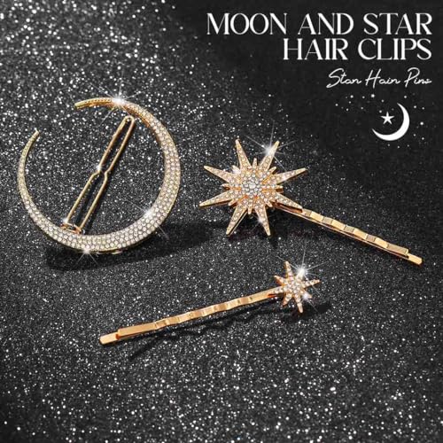 BARTOSI Moon Star Hair Clips Gold Stars Hair pins Crystal Celestial Hair Accessories for Women and Girls (Pack of 3)