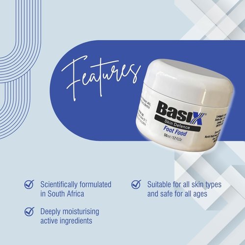 Basix Skin Defence Foot Food Repair Restore Tired Dry Feet Cracked Heels 5% Urea and Peppermint Oil Soothes Invigorates and Stimulates Tired Feet