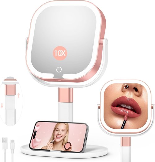 Rosivyphan Makeup Mirror with Lights, 1X/10X Magnifying Vanity Mirror with 3 Colors, 2000mAh Rechargeable Double Sided Magnifying Mirror, Height Brightness Adjustable, 360° Rotation Vanity