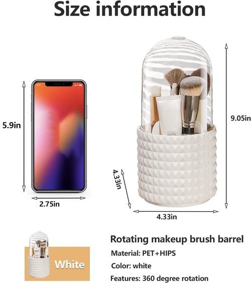 Makeup Brush Holder Organizer with Lid,360° Rotating Dustproof Make Up Brushes Container with Clear Acrylic Cover, Spinning Cosmetics Holders Storage Cup with 5 Compartment for Vanity and Bathroom