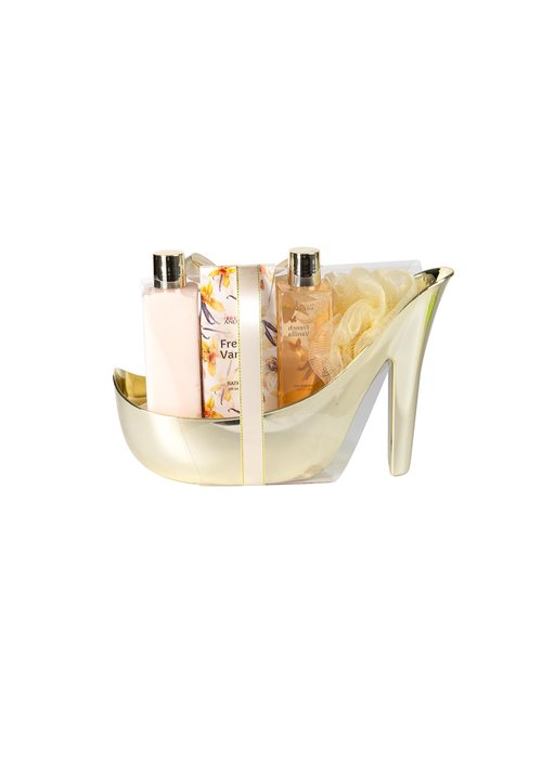 Freida & Joe Elegant 9-Piece Bath Set in High Heel Shoe – Luxurious Spa Gift Basket for Women, Includes Shower Gel, Body Lotion, Bath Salts, Soap Flowers, Bath Fizzer & Sponge (French Vanilla)