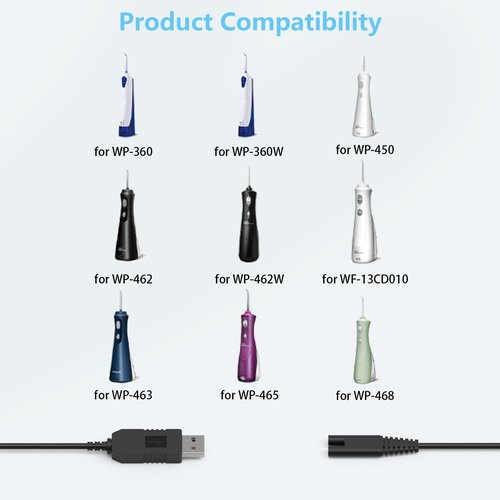 Cordless Water Flosser Charger Cable Replacement for Waterpik Water Flosser WP360 WP360W WP360C WP400 WP440 WP440C WP462 WP462W WP450 WP468 WF13 WP100 Series 3V USB Portable Charging Cable 5FT Black 1