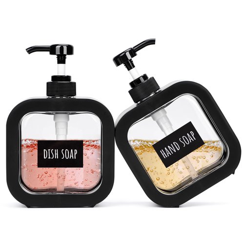 Segbeauty 2pcs 16.9oz Refillable Hand Soap Dispenser, 500ml Leak-Proof Liquid Soap Dispenser for Bathroom, Dish Soap Dispensers for Kitchen Sink, Black Empty Plastic Shampoo Pump Bottle with Labels