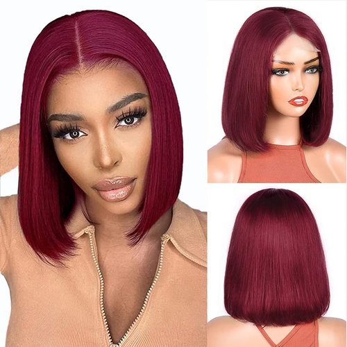 Jinhongze Burgundy Bob Wig - 4x4 Lace Front Bob Wig for Black Women - Glueless & Pre-Plucked - 150% Straight - 10 Inch