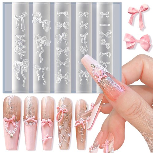 Bowknot Silicone Nail Molds, 3D Gel Nail Art Sculpture Bow Mold DIY Bow Charms for Nails Design Silicone Molds Cute Bows Nail Template Stencils Reusable Manicure Carved Mould Resin Mold