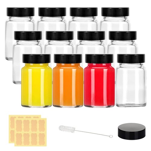 2 oz Small Clear Glass Bottles with Lids - 12 Pcs Wide Mouth Shot Bottles with Caps for Ginger Shots, Juice, Potion, Liquids, Whiskey - Mini Travel Bottles with Funnels, Stickers (12PCS-Clear)