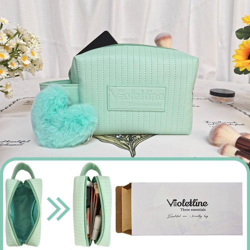 Violetline Travel Makeup Bag, Large Capacity Cosmetic Bag for Women, Water resistant Portable Pouch Open Flat Toiletry Bag Makeup Organizer with Handle (Green)
