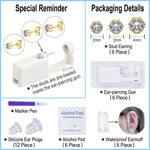 VitaCool Ear Piercing Kit Disposable Ear Cartilage Piercing Gun Kit with Sterile Multi-Sized CZ Studs Easy and Safe Earring Self for Yourself Use at Home (Style G-CZ-2/3/4mm-G)