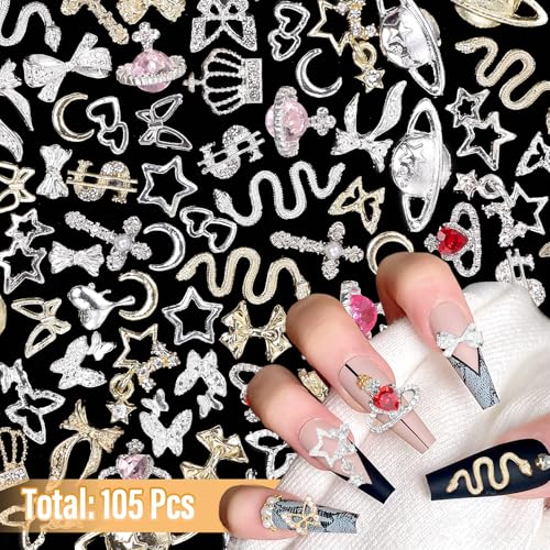 105 Pcs Silver+Gold Nail Gems Charms, Planet Crown Dollar Nail Gems Snake Star Bow Nail Charms 3D Cross Nail Art Jewelry Charms + Gold Dollar Charms for Nail Art DIY Jewel Accessories