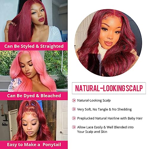 Burgundy Body Wave Lace Front Wigs Human Hair 200% Density Hd Transparent 13x4 99j Glueless Frontal Wig Pre Plucked with Baby Hair 24 Inch Wine Red Wigs for Women Brazilian Virgin Hair Colored Wig